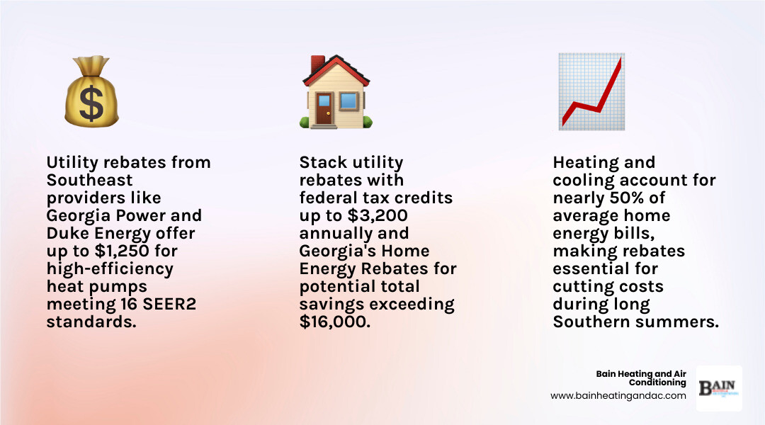 Infographic showing Southeast utility rebate programs, efficiency rating requirements, and how rebates stack with federal