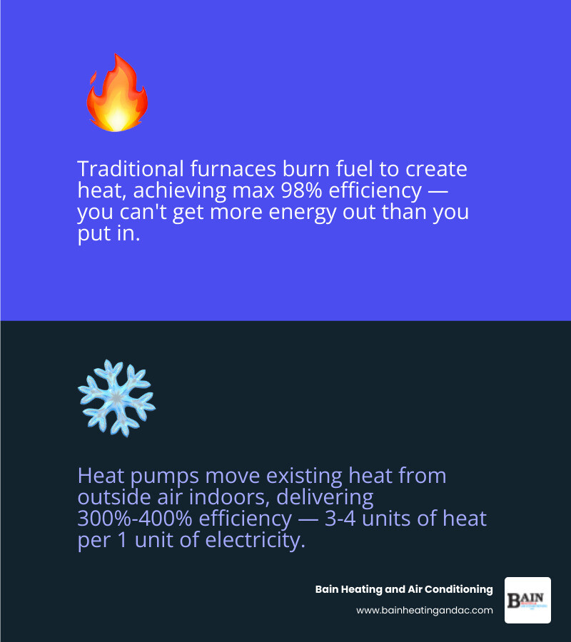 infographic comparing heat pump energy transfer vs traditional furnace combustion heating methods - heat pump advantages