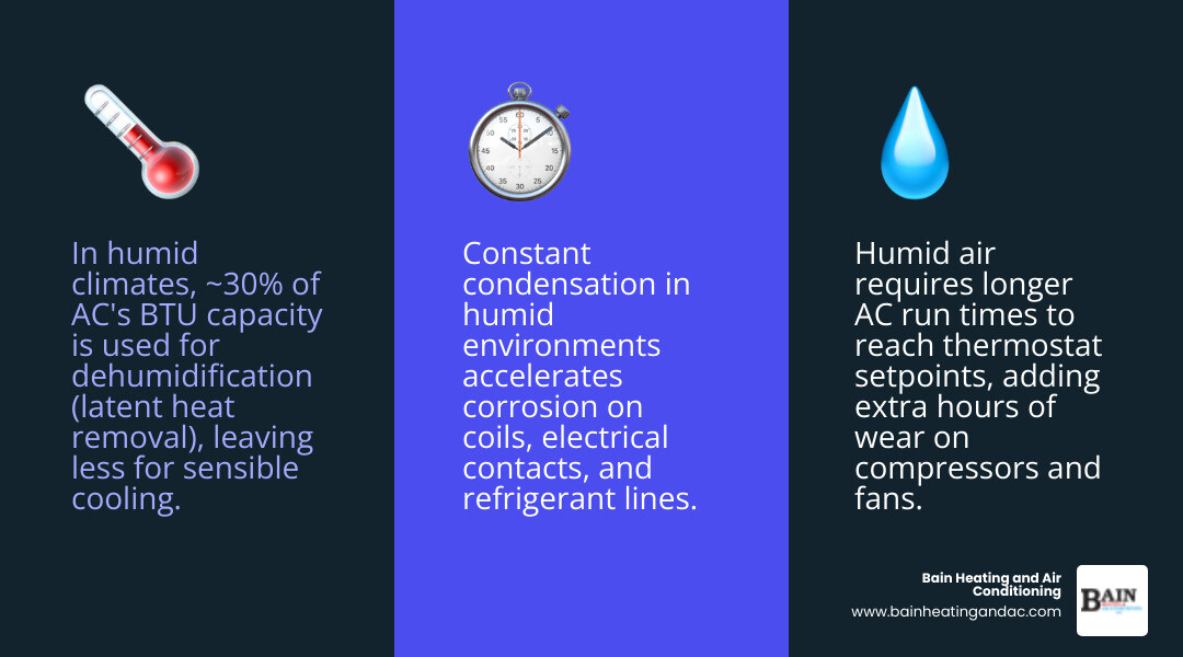 Infographic showing AC dual role in sensible cooling vs. latent heat dehumidification in humid climates - why do ac units Infographic showing AC dual role in sensible cooling vs. latent heat dehumidification in humid climates - why do ac units
