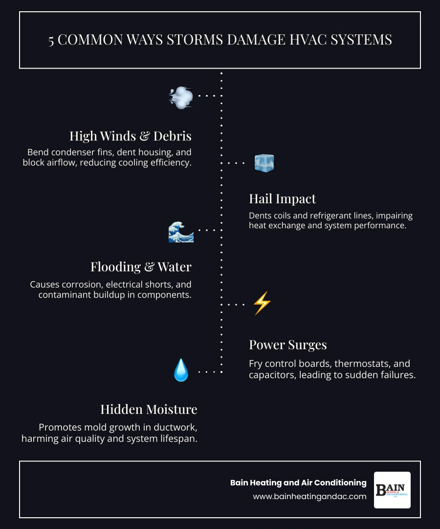 infographic showing 6 common storm damage mechanisms for HVAC systems including wind, hail, flooding, and power surges - how