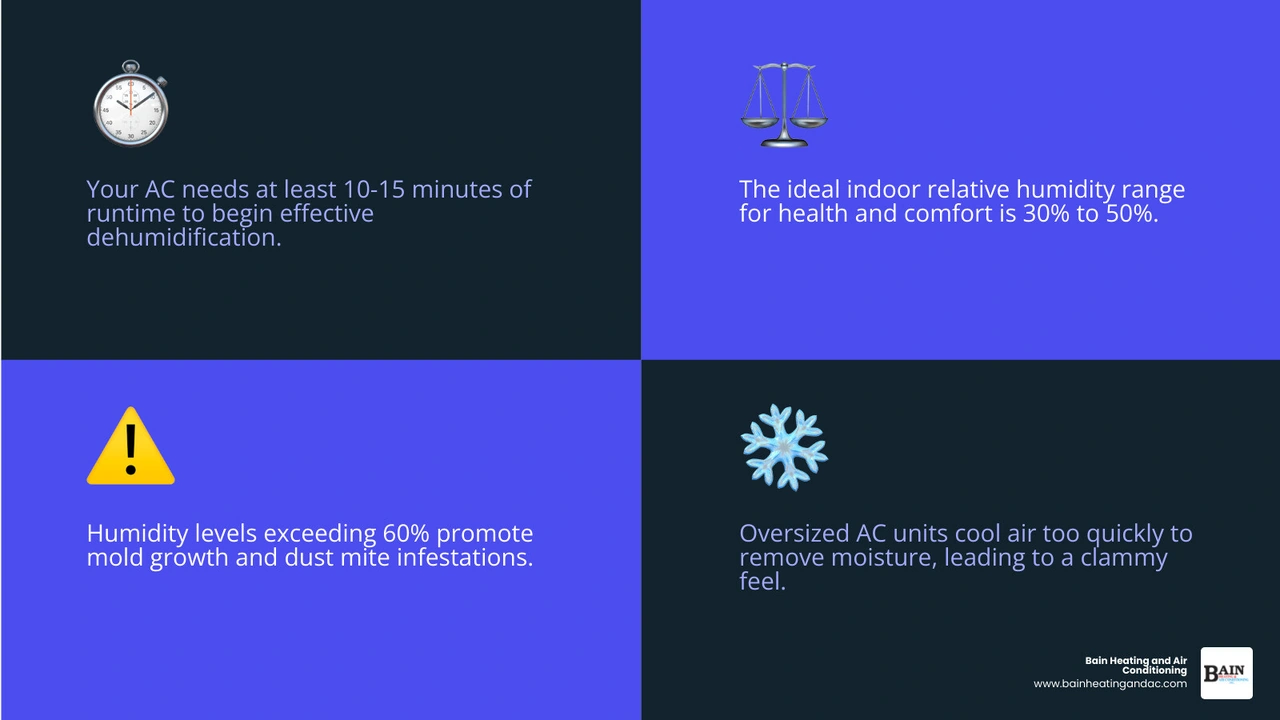 Infographic showing 7 causes of high indoor humidity with AC running and the ideal 30-50% RH range infographic