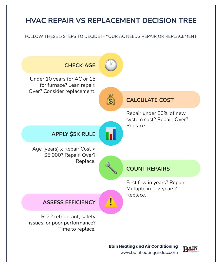 HVAC repair vs replacement decision tree infographic with age, cost, and efficiency factors - how to decide between hvac