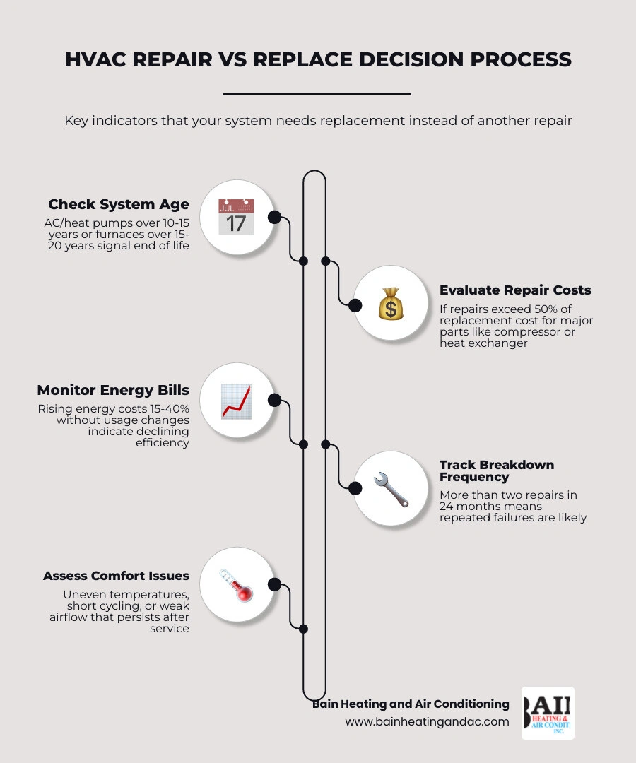 Infographic showing HVAC repair vs replace decision signs including system age, repair costs, energy bills, refrigerant Infographic showing HVAC repair vs replace decision signs including system age, repair costs, energy bills, refrigerant