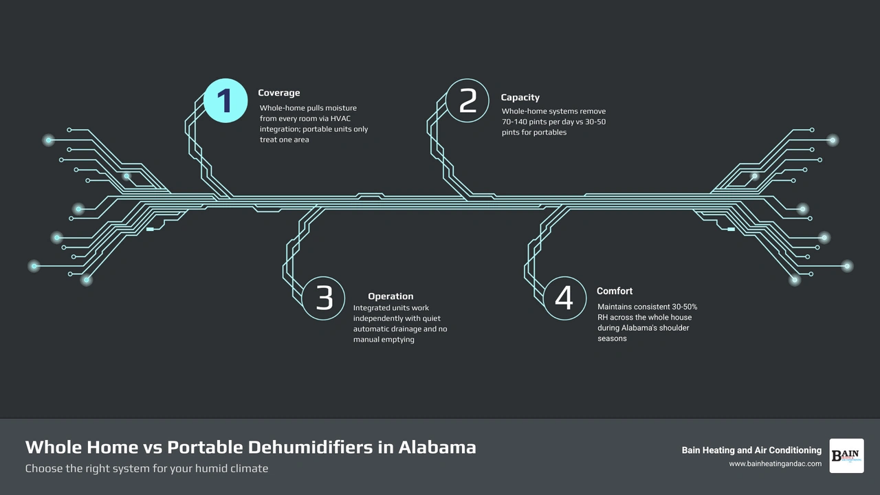 Infographic comparing whole-home vs portable dehumidifier: coverage, RH stability, maintenance, and Alabama climate