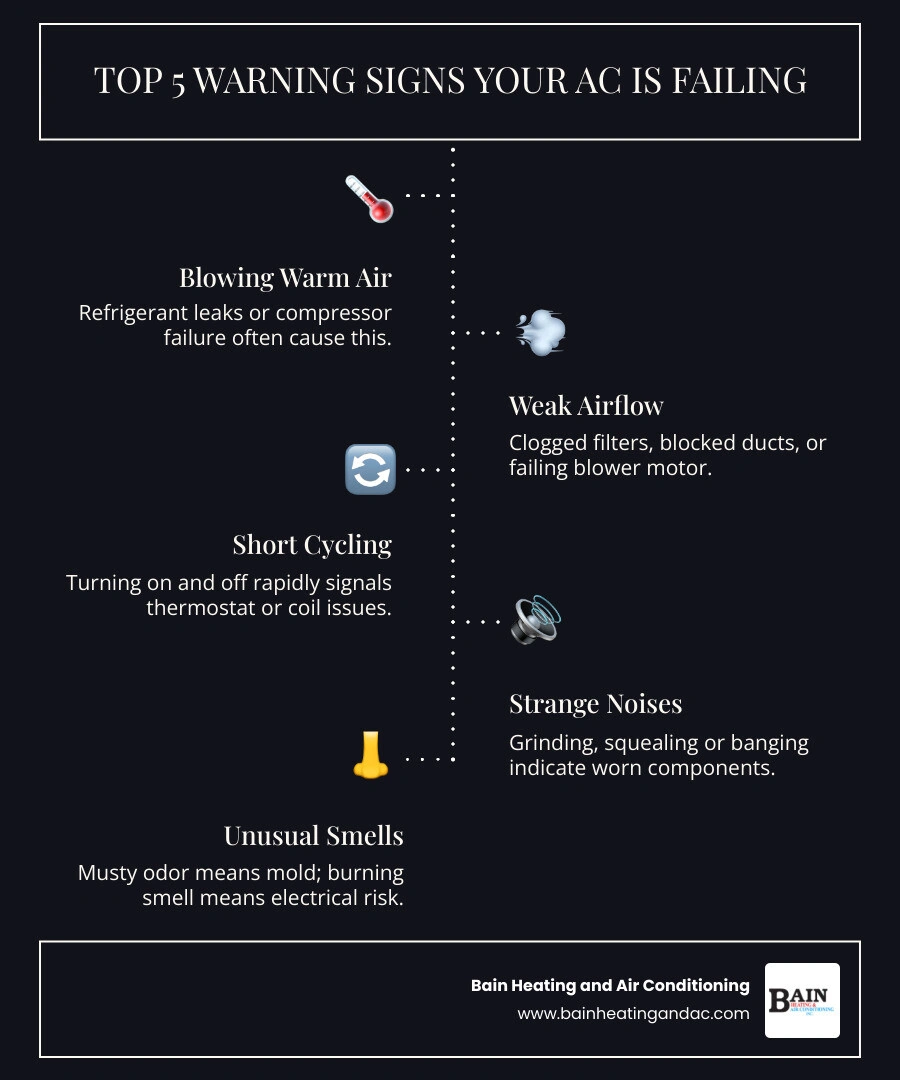 infographic showing top 5 warning signs of a failing air conditioner with icons and brief descriptions infographic