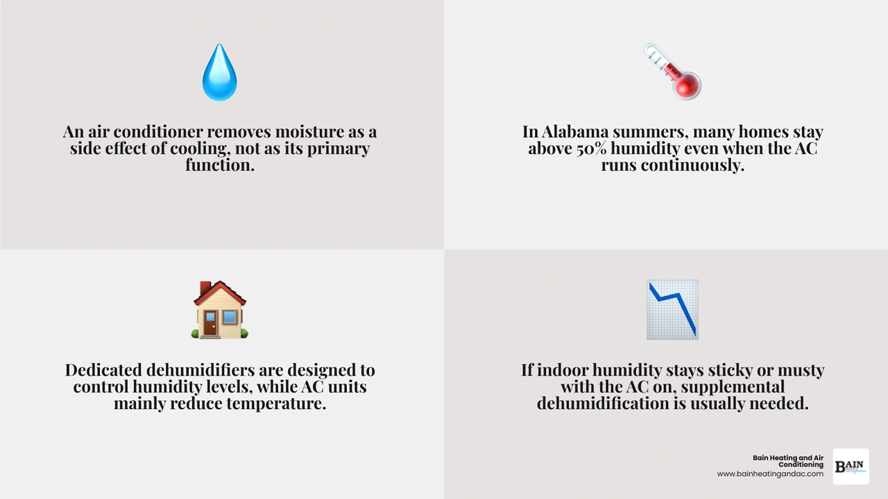 Infographic comparing how AC and dehumidifiers remove moisture, with humidity levels and home comfort tips infographic