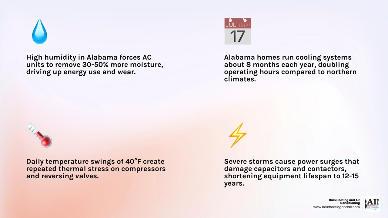 Infographic showing how Alabama humidity and heat affect HVAC efficiency, lifespan, and energy use infographic