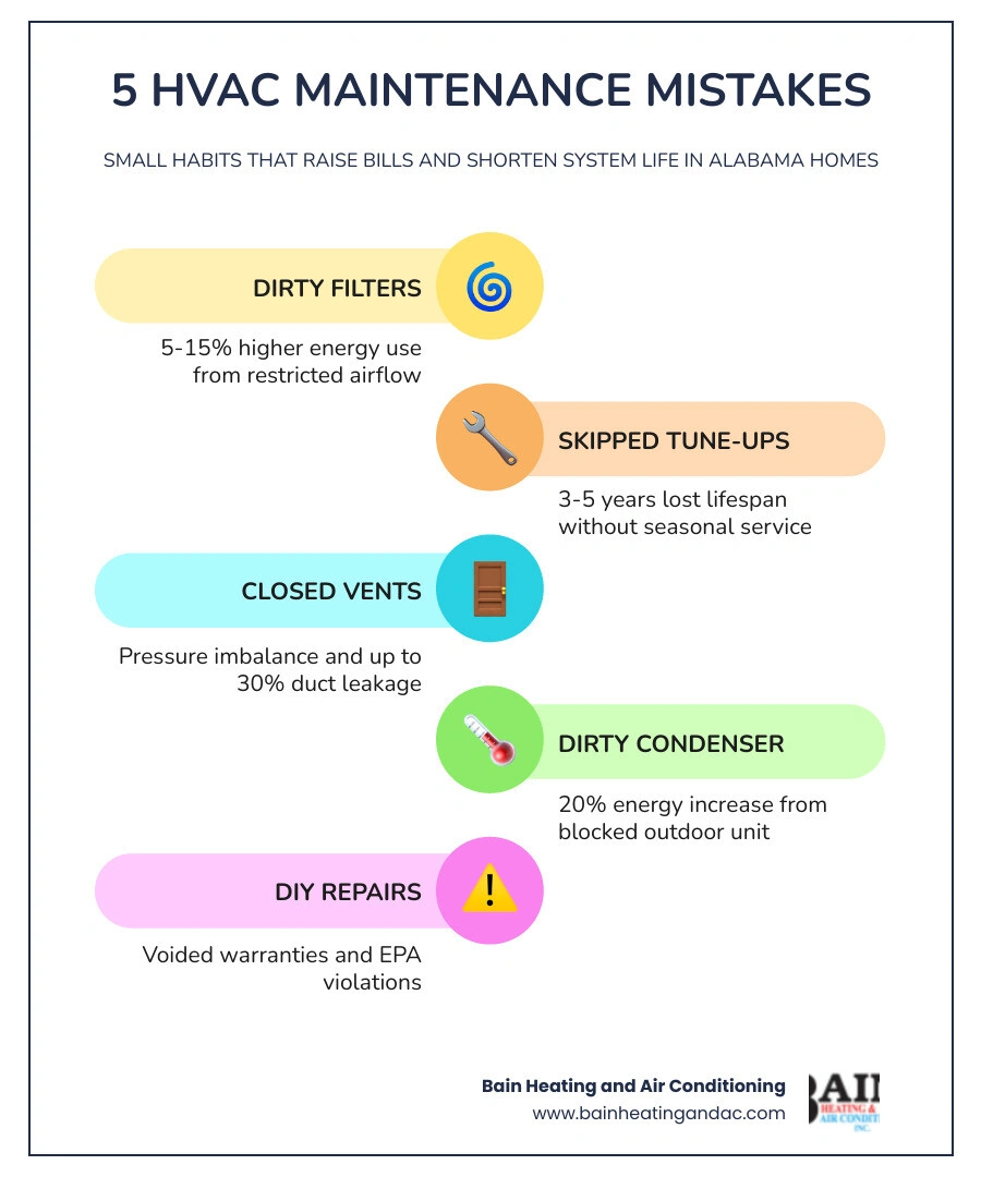 Infographic showing 5 common HVAC maintenance mistakes homeowners make with energy impact percentages and quick fix tips Infographic showing 5 common HVAC maintenance mistakes homeowners make with energy impact percentages and quick fix tips