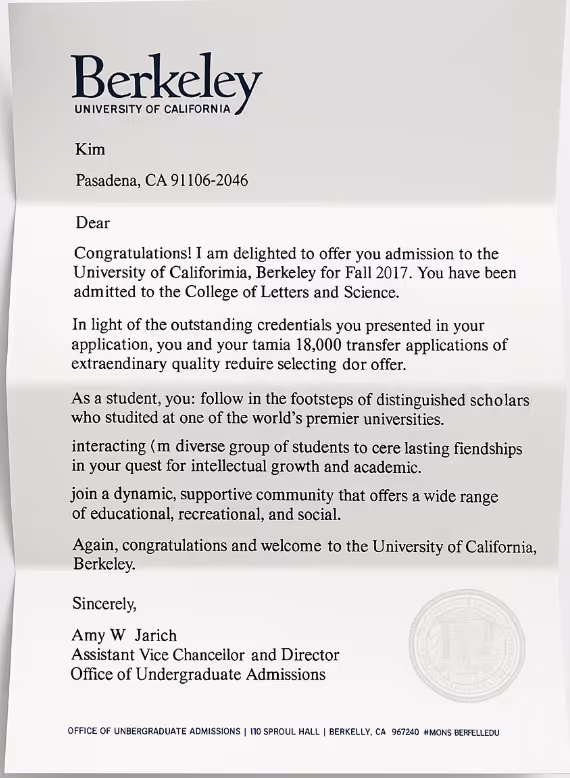 S.Hong, Harvest College Prep student accepted to Columbia, UC Berkeley, and UCLA through transfer admissions
