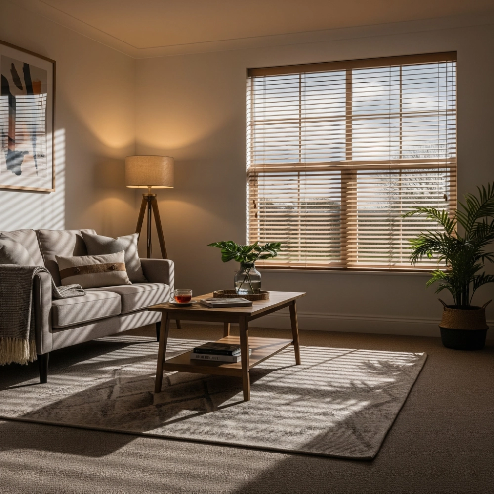 And the lounge room with table, couch, and Venetian blind window. 