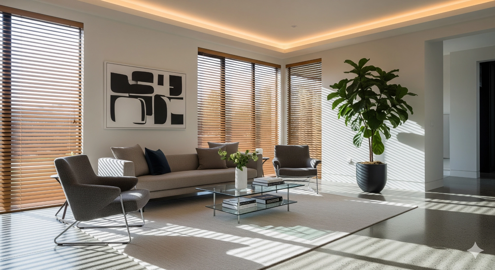 Venetian blinds in a lounge room. 