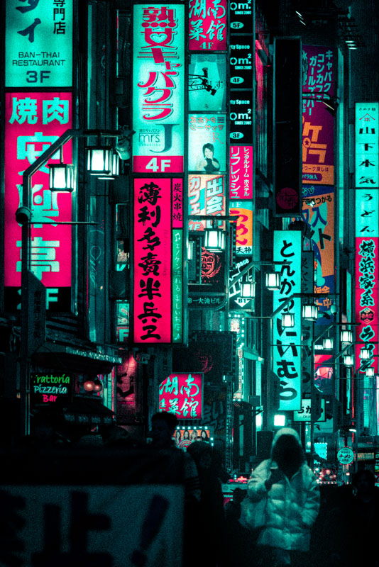Night street scene in a city with numerous illuminated vertical Japanese signs and silhouettes of people walking.