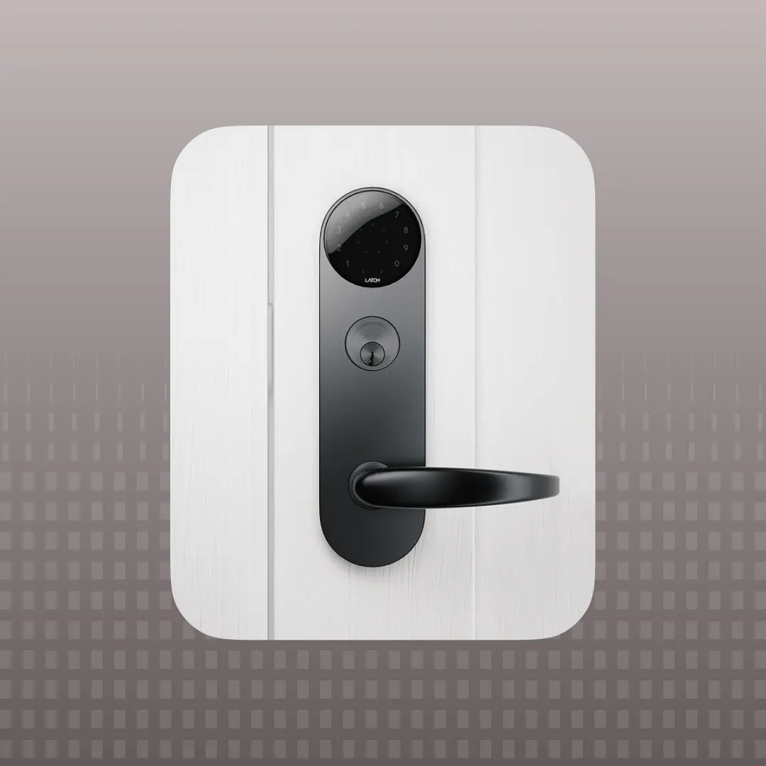Smart mortise lock with keypad and lever handle installed on apartment door for keyless entry and multifamily access control systems