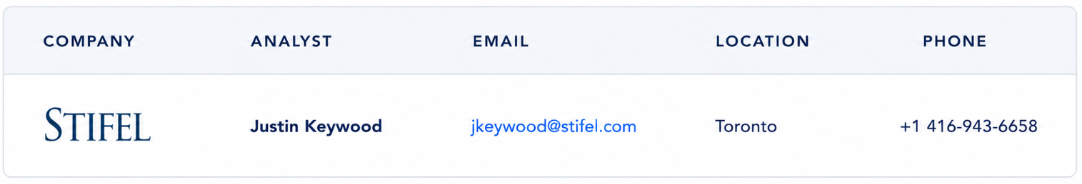 Contact info table with Stifel company, analyst Justin Keywood, email, location Toronto, and phone number.