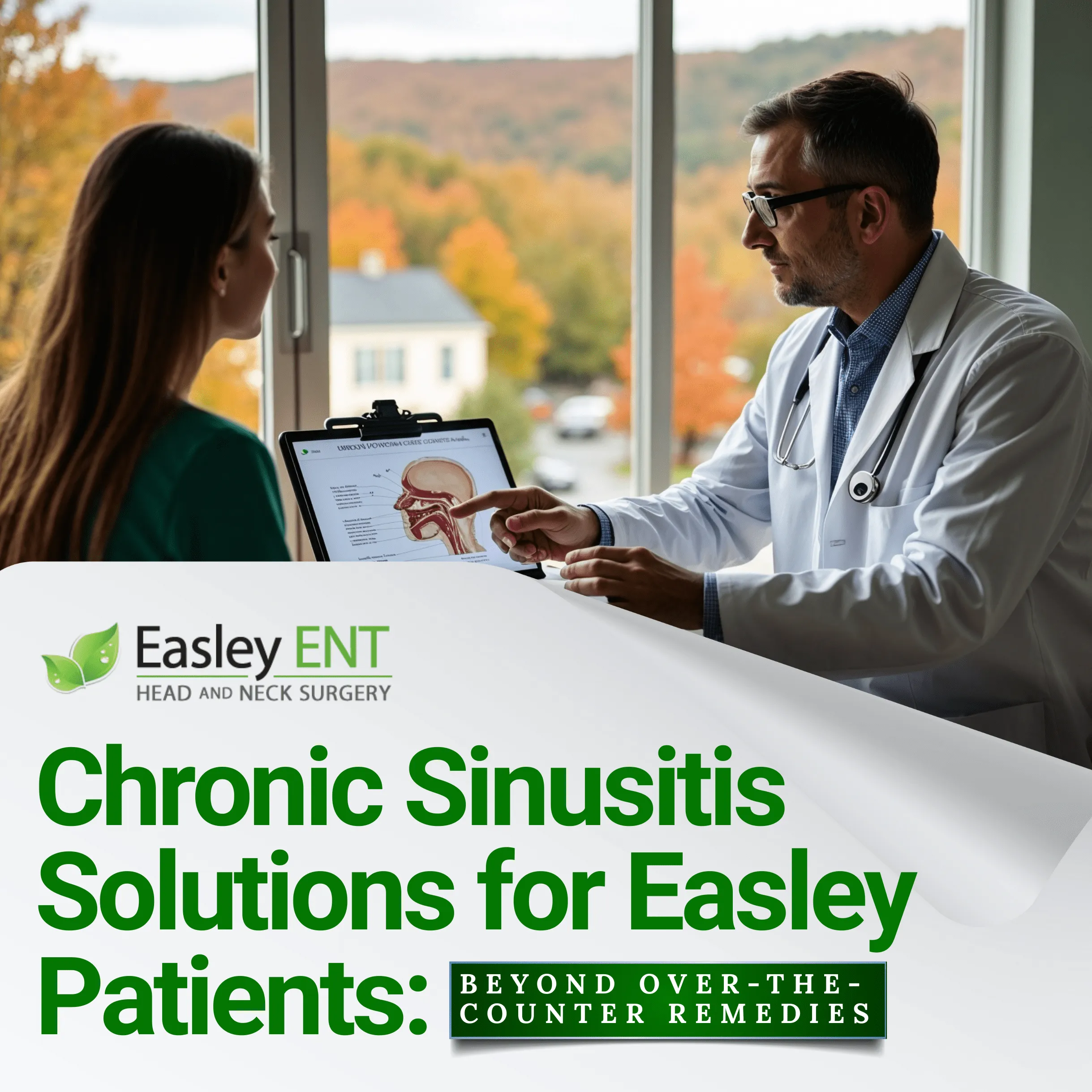 Easley ENT guide: "Chronic Sinusitis Solutions for Easley Patients" with a doctor showing a sinus diagram to a patient.