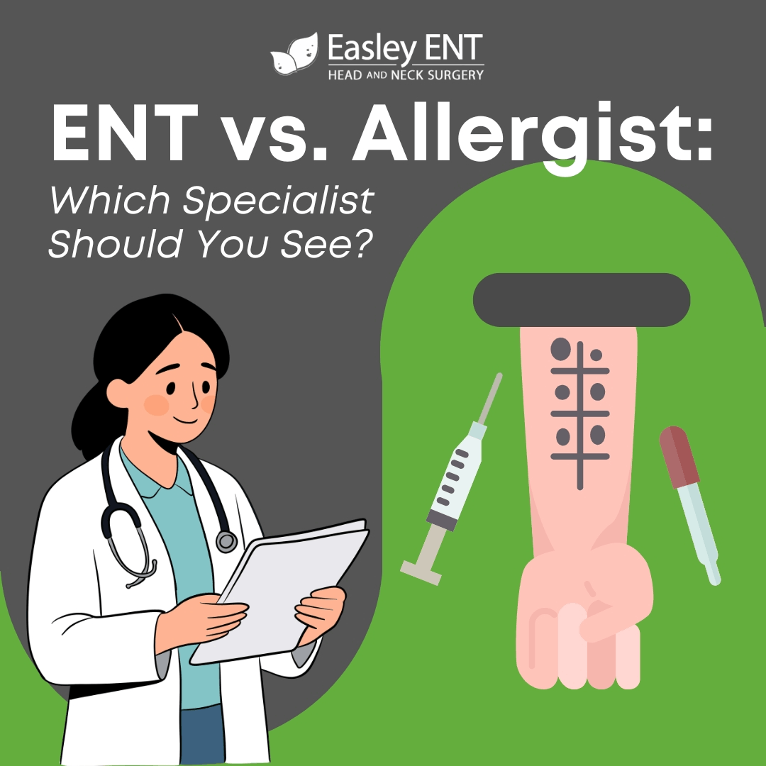 An infographic graphic from Easley ENT comparing 'ENT vs Allergist' with a doctor character on the left holding a clipboard and illustrations on the right of an allergy skin prick test on an arm, a syringe, and an eye dropper on a green and grey background. Headline asks, 'Which specialist should you see?'.