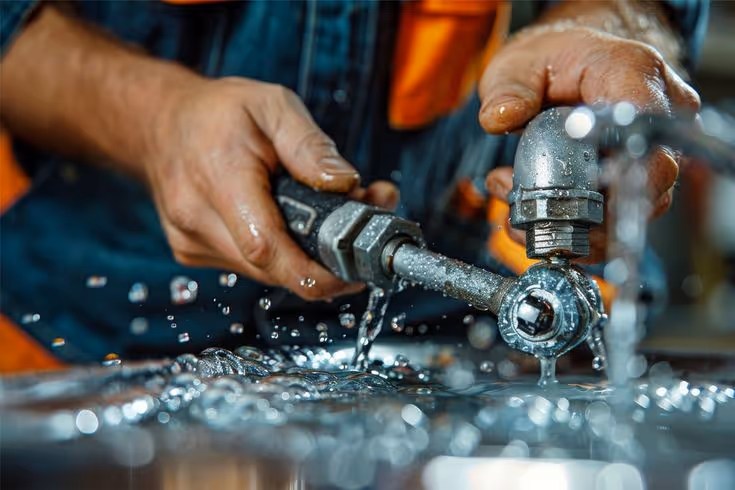 Water cascades brightly across gleaming metallic surfaces as a worker skillfully maneuvers a wrench to tighten a pipe fitting. The hands, sturdy and slightly soiled, reveal the effort and expertise involved in plumbing, their every movement purposeful against a backdrop blurred with activity. 