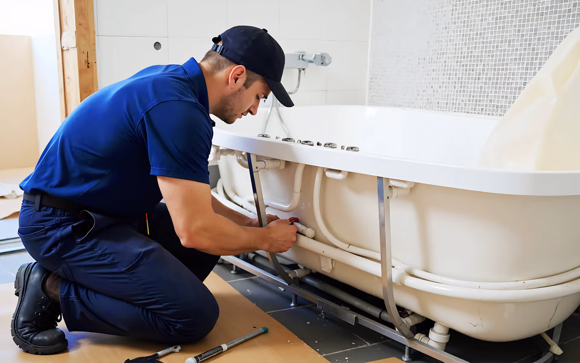 Kneeling in a well-lit service area, a focused plumber examines a network of white and grey pipes that snake along the wall, illuminated by a small flashlight tucked under his arm. Dressed in a dark polo with "Ralmondi Plumbing" Kneeling in a well-lit service area, a focused plumber examines a network of white and grey pipes that snake along the wall, illuminated by a small flashlight tucked under his arm. Dressed in a dark polo with "Ralmondi Plumbing" 