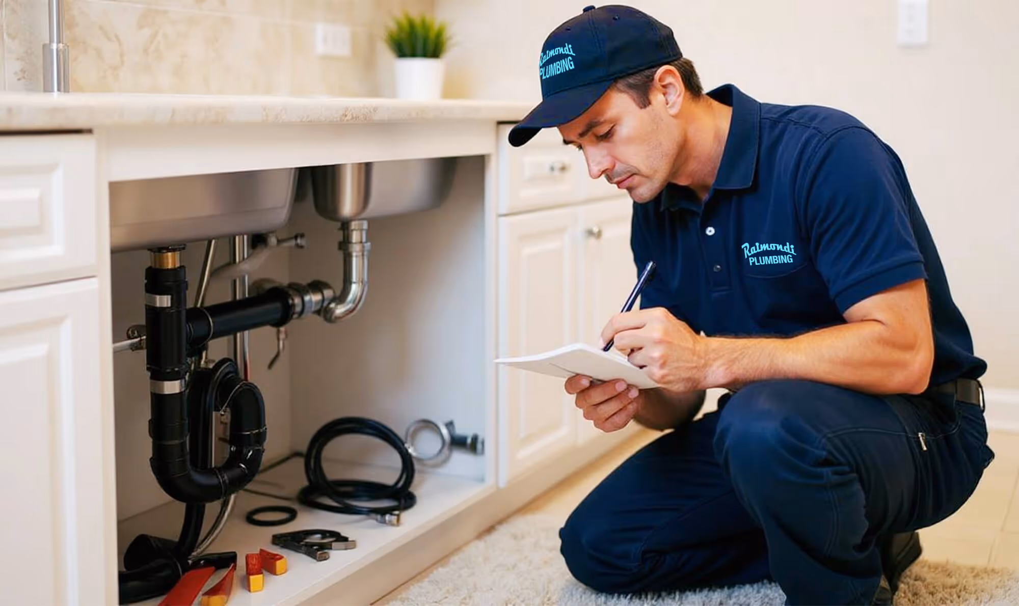 A skilled plumber kneels in front of a kitchen sink, meticulously noting observations in a notepad as he inspects the plumbing beneath the two sinks. Dressed in a navy blue polo with the logo "Raymond's Plumbing." 