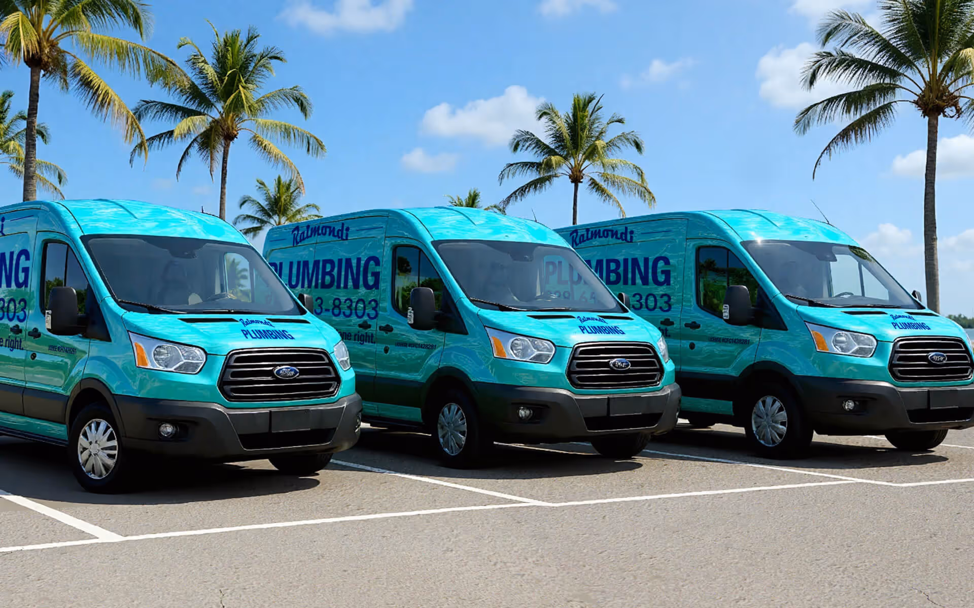 Under a bright blue sky adorned with fluffy white clouds, three turquoise plumbing vans are parked in a neat row, their vibrant color contrasting against the sandy pavement. Each vehicle features bold lettering promoting "Raimondi Plumbing," complete with the phone number displayed prominently, emphasizing their service availability.Under a bright blue sky adorned with fluffy white clouds, three turquoise plumbing vans are parked in a neat row, their vibrant color contrasting against the sandy pavement. Each vehicle features bold lettering promoting "Raimondi Plumbing," complete with the phone number displayed prominently, emphasizing their service availability.