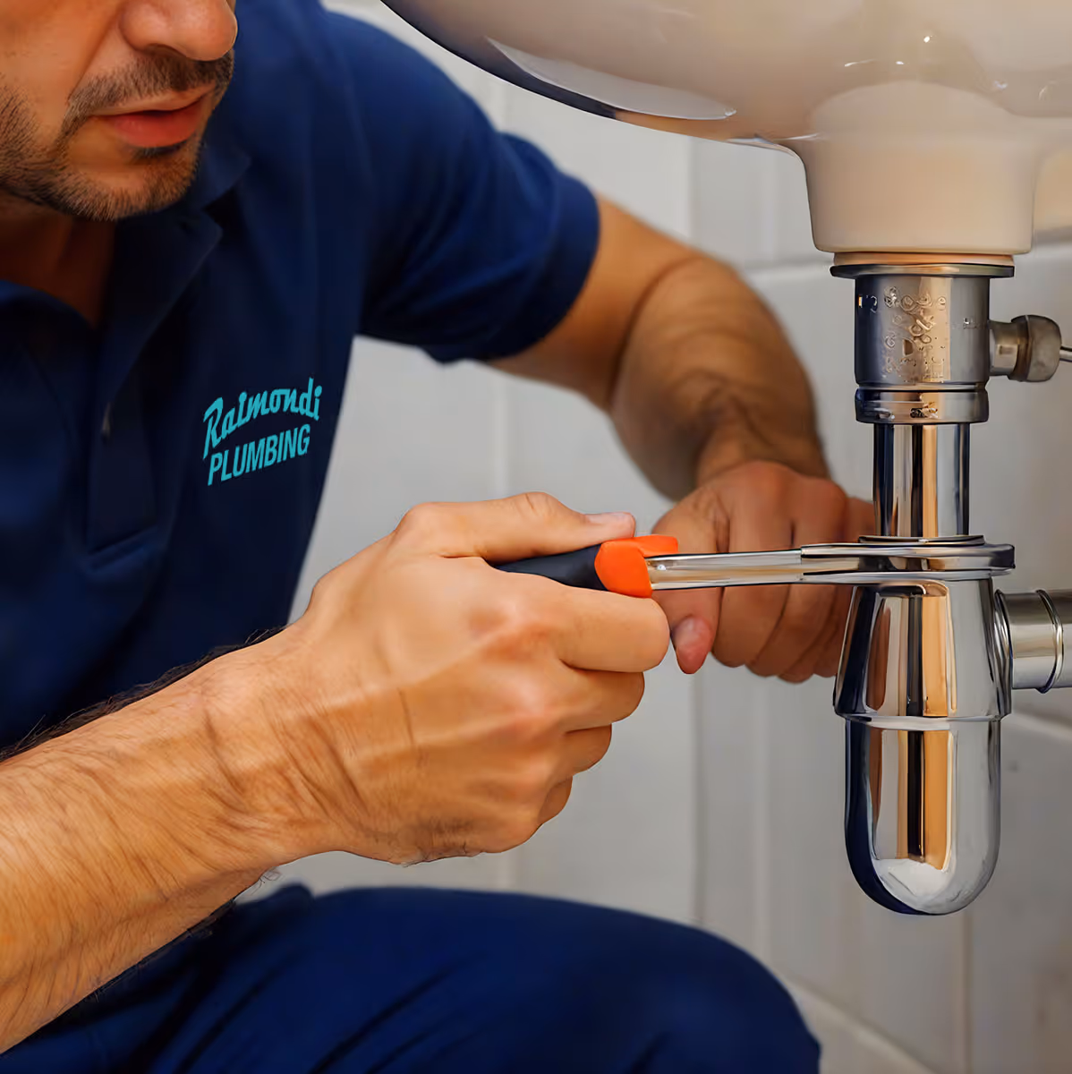 Beneath a bathroom sink, a focused plumber works intently on a shiny, chrome plumbing fixture, skillfully adjusting a pipe with a tool in his left hand. The light streams in through a nearby window, illuminating the clean, tiled surface of the bathroom while subtly reflecting off the polished metal of the pipes. Wearing a dark blue polo shirt with "Raimondi Plumbing" on it