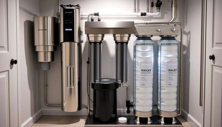 Modern water filtration system with cylindrical stainless steel filters and clear filtration columns installed in a room corner.