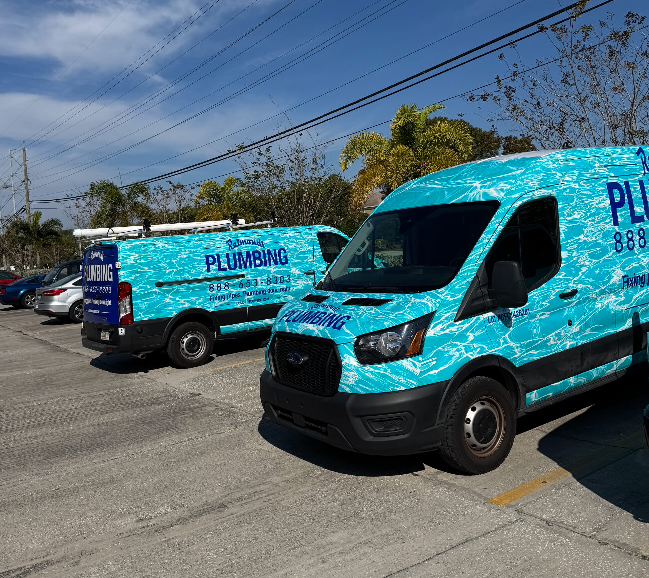 Two blue plumbing vans with water ripple designs parked in a parking lot under a clear sky.