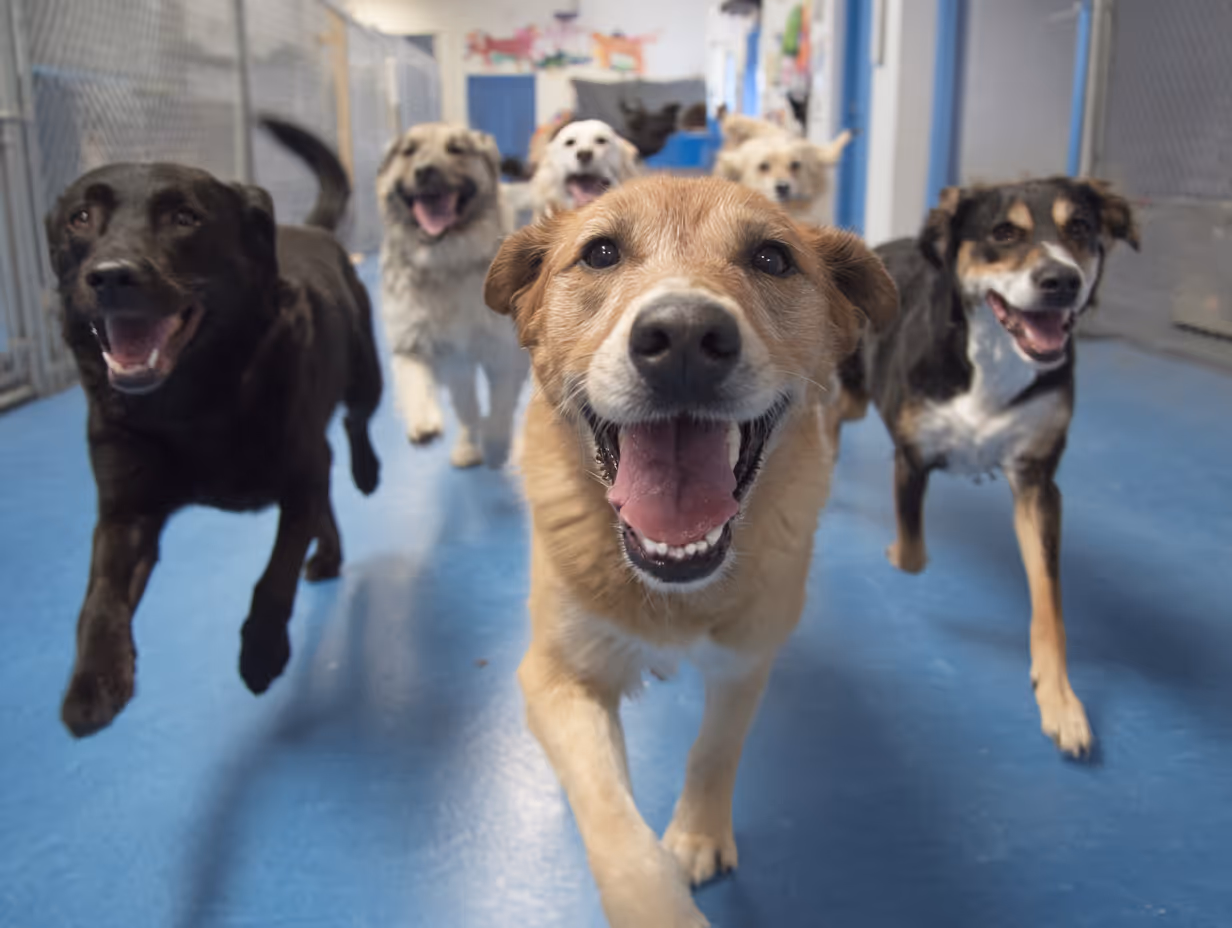 Several dogs running toward the camera, happy inside of the dog boarding facilty.
