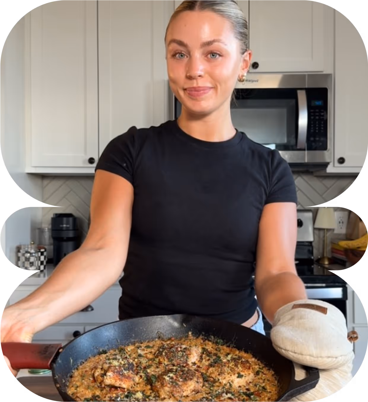 a woman holding a pan of food