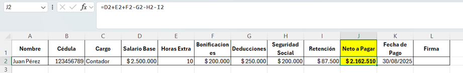 Visual de la fórmula aplicada para el cálculo automático
