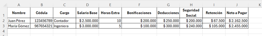 Ejemplo de nómina en Excel