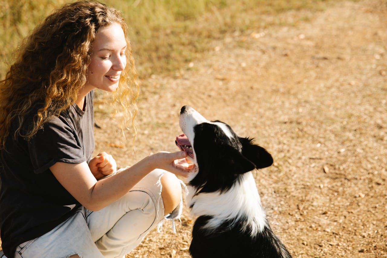 Pet sitter bonding with dog outdoors — Shore Stay Pet Care’s personalized, compassionate service
