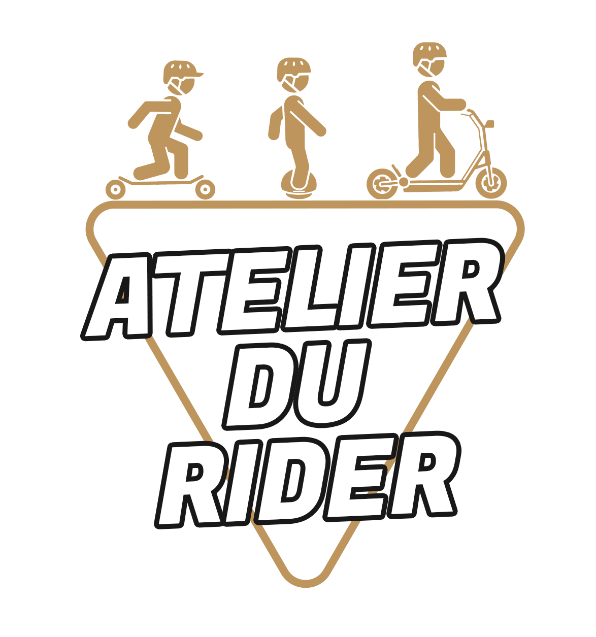 Le logo se présente sous la forme d’un triangle noir bordé d’ocre doré, avec le nom Atelier du Rider en blanc au centre. Il intègre également trois pictogrammes : skateur électrique, wheeler et trotteur, symbolisant les trois univers de mobilité pris en charge par l’atelier.