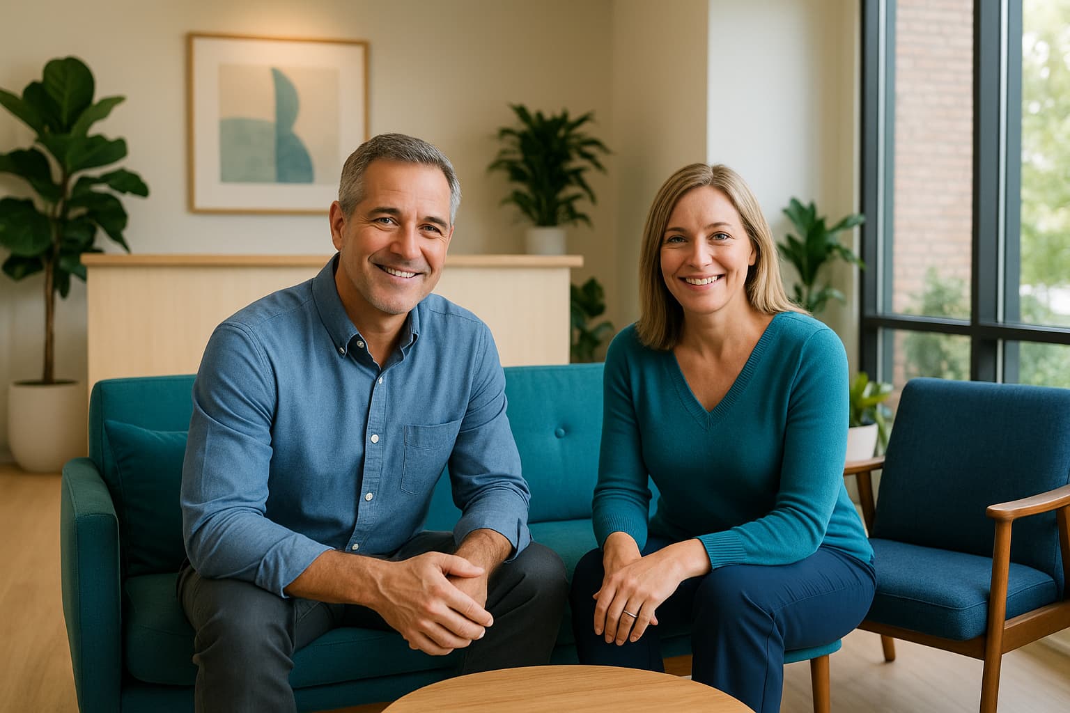 A man and woman sitting in a contemporary waiting room