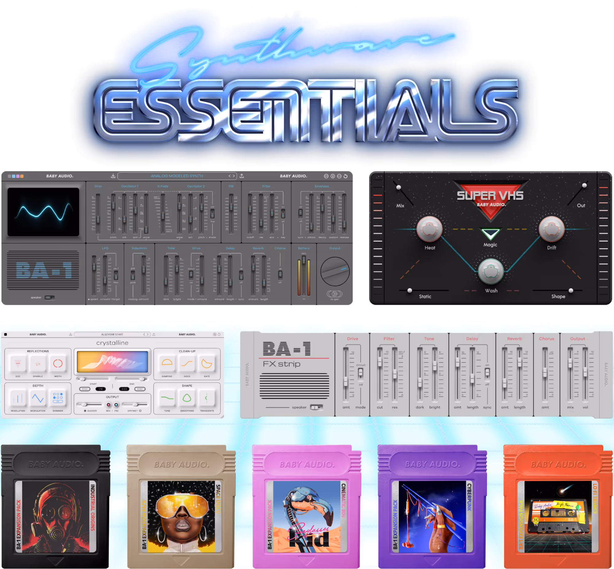 The full lineup of products featured in the Baby Audio Synthwave Essentials Bundle
