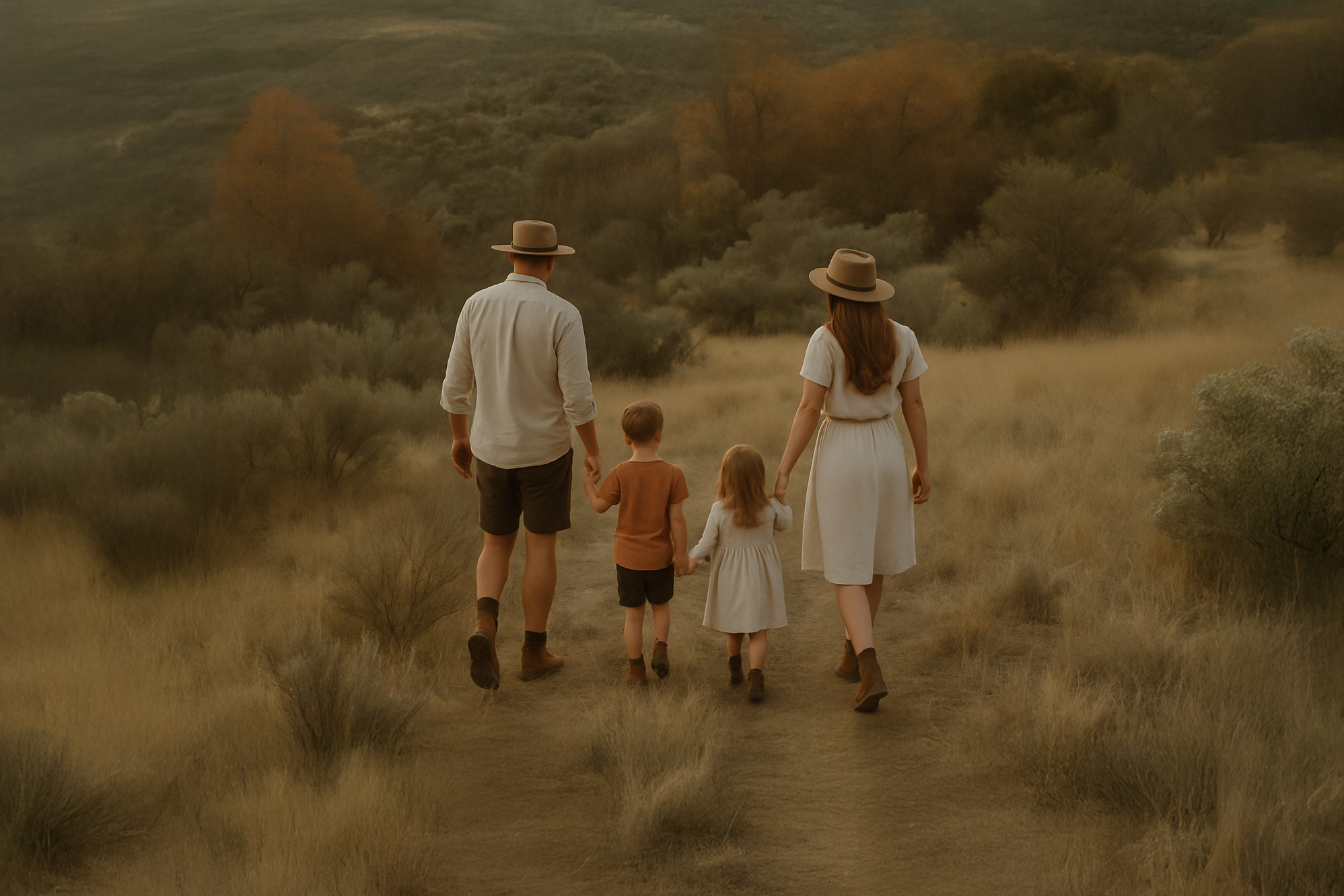 Family of four walking hand-in-hand through a golden field at sunset, showcasing the serene, nature-filled lifestyle at Gurner Grove Estate in Austral, NSW.