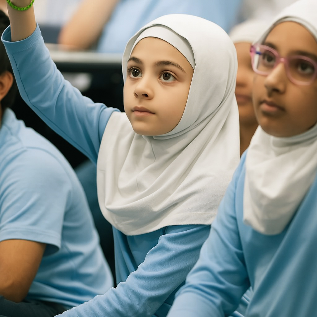 Students raising hands in a classroom at Al-Faisal College, 250m from Gurner Grove Estate in Austral, NSW, showcasing vibrant learning near the estate.