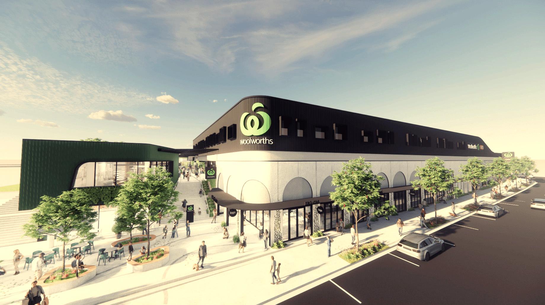 Gurner Grove Estate - CGI of future Austral Town Centre with Woolworths in Austral, NSW