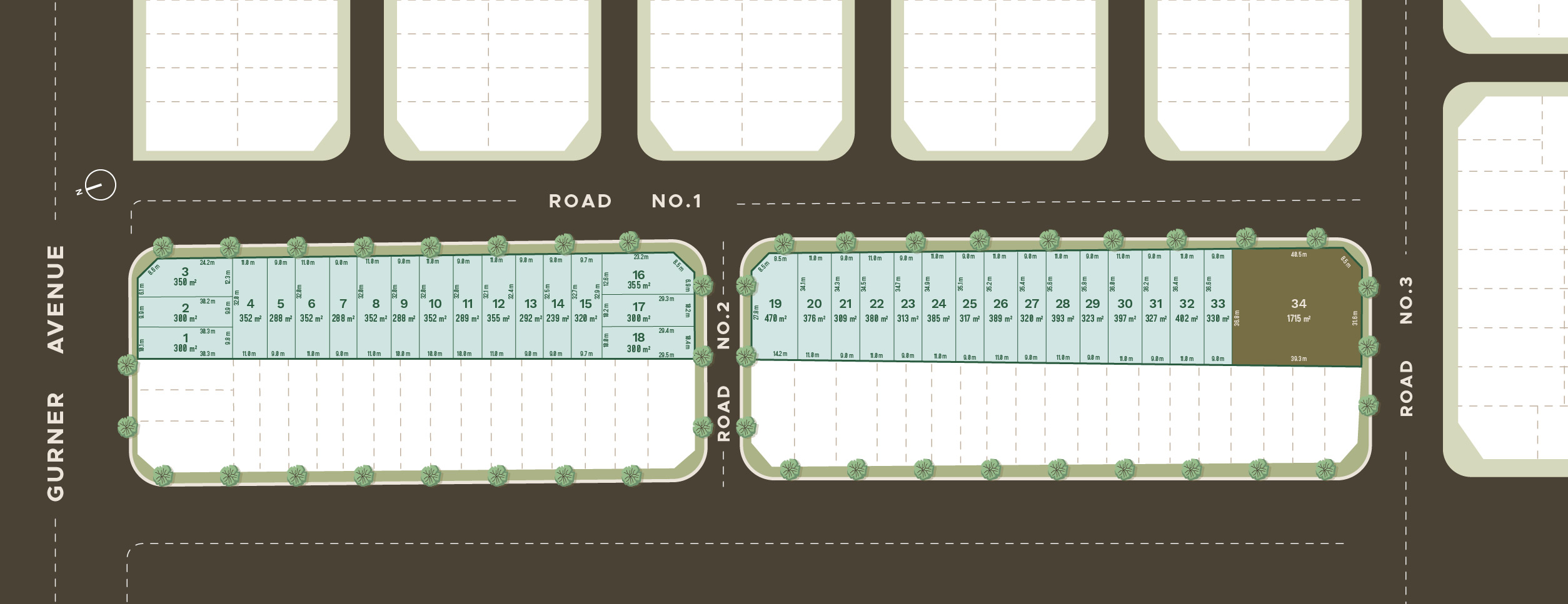 Estate plan of Gurner Grove, a new real estate development in Austral, showing land subdivisions with measurements, roads: Gurner Avenue and proposed roads