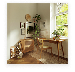 Artist's impression of a cozy home office at Gurner Grove Estate, Austral, NSW, with a wooden desk, books, and plants, showcasing modern living with lush greenery views.