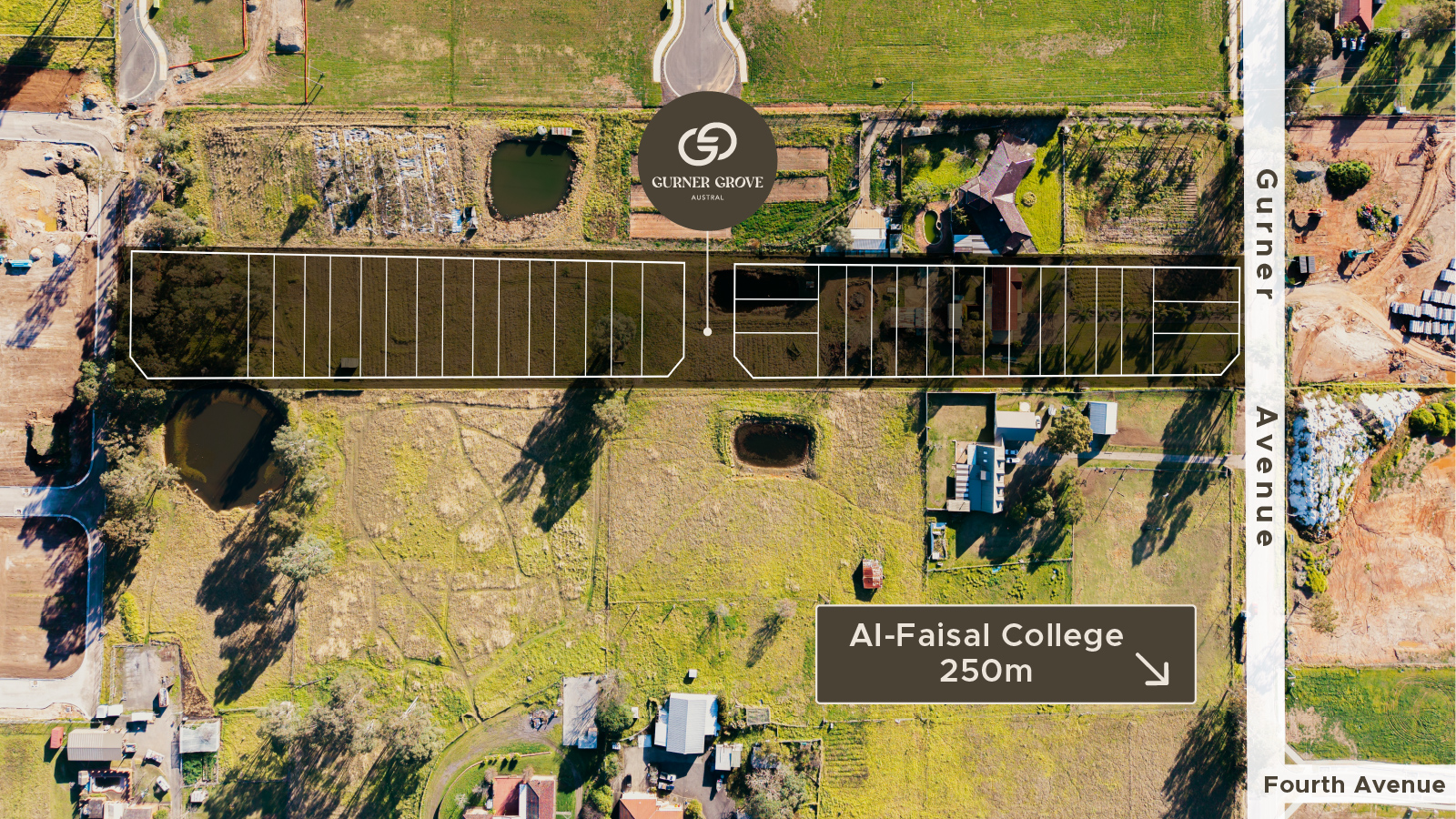 Top-down drone view of Gurner Grove Estate in Austral, NSW, overlaying future housing lots over existing landscape and dwellings, near Al-Faisal College 250m away.