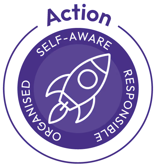 Purple circular badge with a white rocket icon in the center and words organized, self-aware, responsible around it, labeled Action at the top.