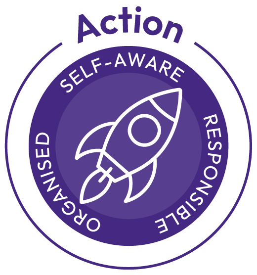 Purple circular badge with a white rocket icon in the center and words organized, self-aware, responsible around it, labeled Action at the top.