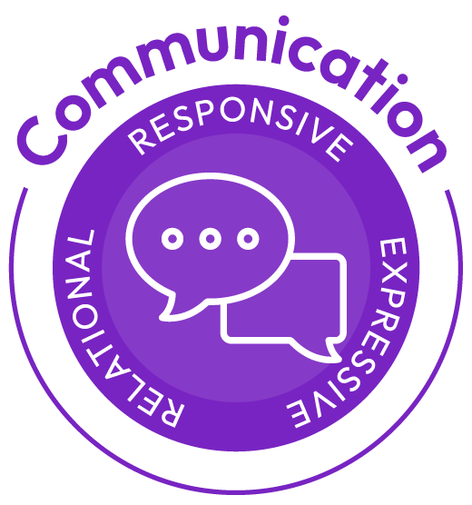 Purple circular badge with two overlapping speech bubbles in the center and words responsive, expressive, and relational surrounding them, with 'Communication' arched around the top.