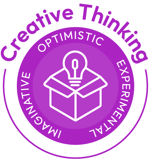 Purple badge with a light bulb emerging from an open box, surrounded by words Optimistic, Experimental, and Imaginative, with Creative Thinking curved above.