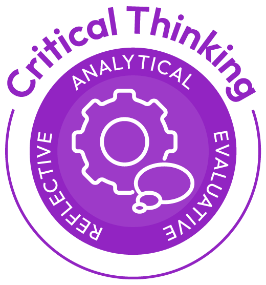 Purple circular badge with a gear and speech bubble icon in the center, labeled Critical Thinking with words Analytical, Evaluative, and Reflective around it.