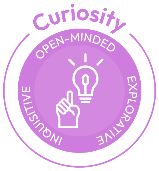 Purple badge with the word Curiosity at the top, and a light bulb icon above a pointing hand in the center, surrounded by the words Open-Minded, Explorative, and Inclusive.