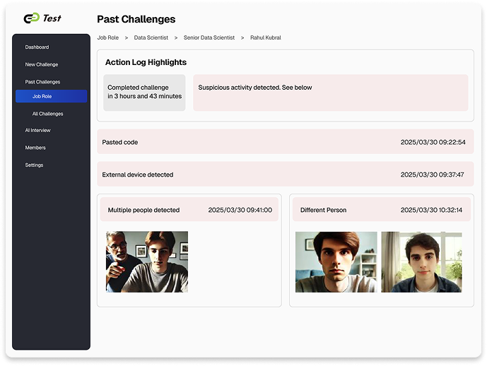 AI anti-cheating dashboard showing webcam monitoring, code playback and fraud detection alerts on TrackTest