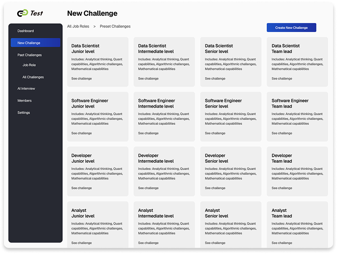 TrackTest template library UI with 12k+ coding challenges across 26 languages