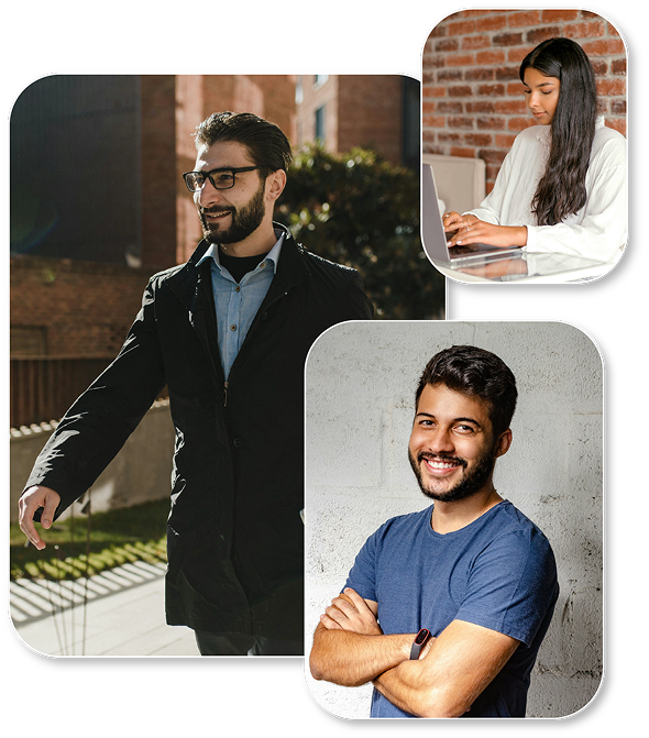 Three professionals representing global talent—one man walking outdoors in a suit, one woman working on a laptop, and one smiling engineer in a casual shirt—symbolizing TrackTest’s international hiring and diverse candidate network.